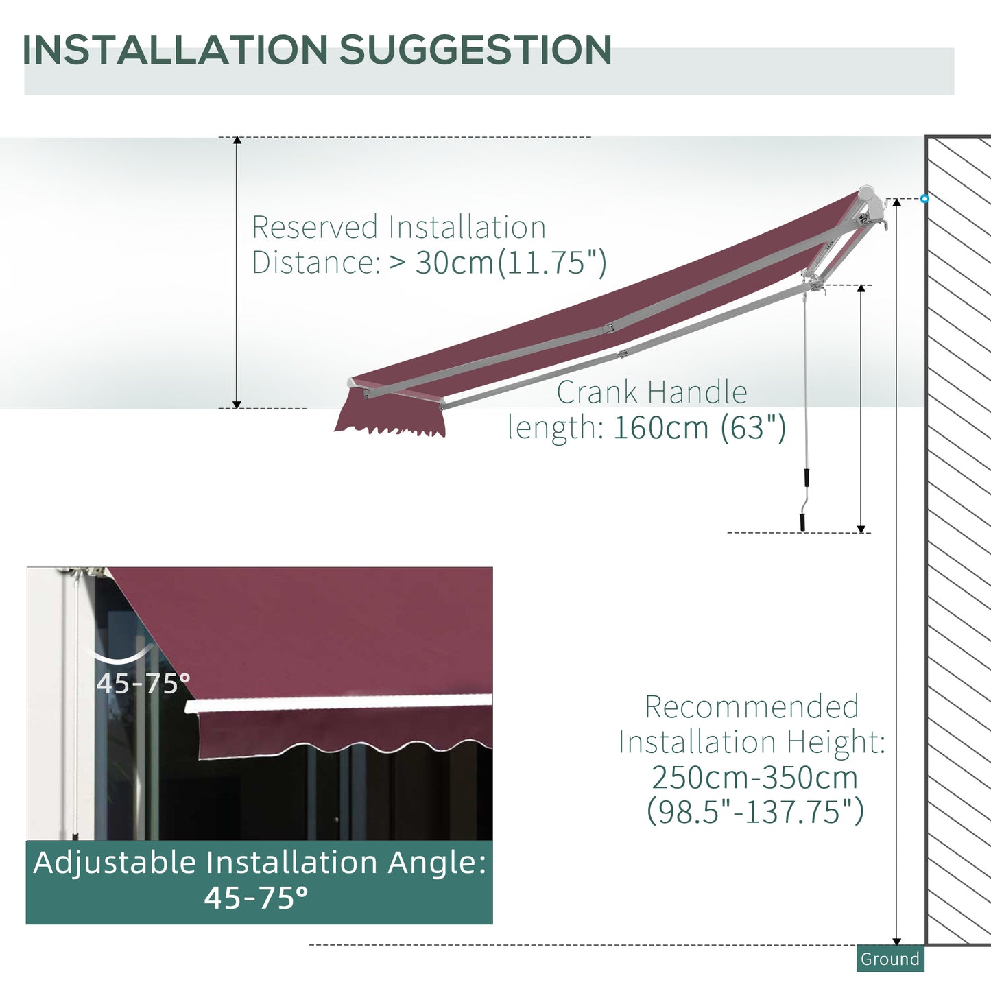 Outsunny Awning Canopy Sun Shade Canopy Garden Patio Manual Retractable Awning, 3x2.5 m-Red