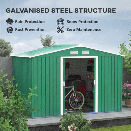 Outsunny Lockable Garden Shed Large Patio Tool Metal Storage Building Foundation Sheds Box Outdoor Furniture (9 x 6 FT, Green)