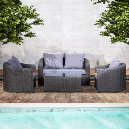 Outsunny Rattan Garden Furniture Set 4-seater Sofa Set Coffee Table Single Chair Bench Aluminium Frame Fully-assembly, Grey