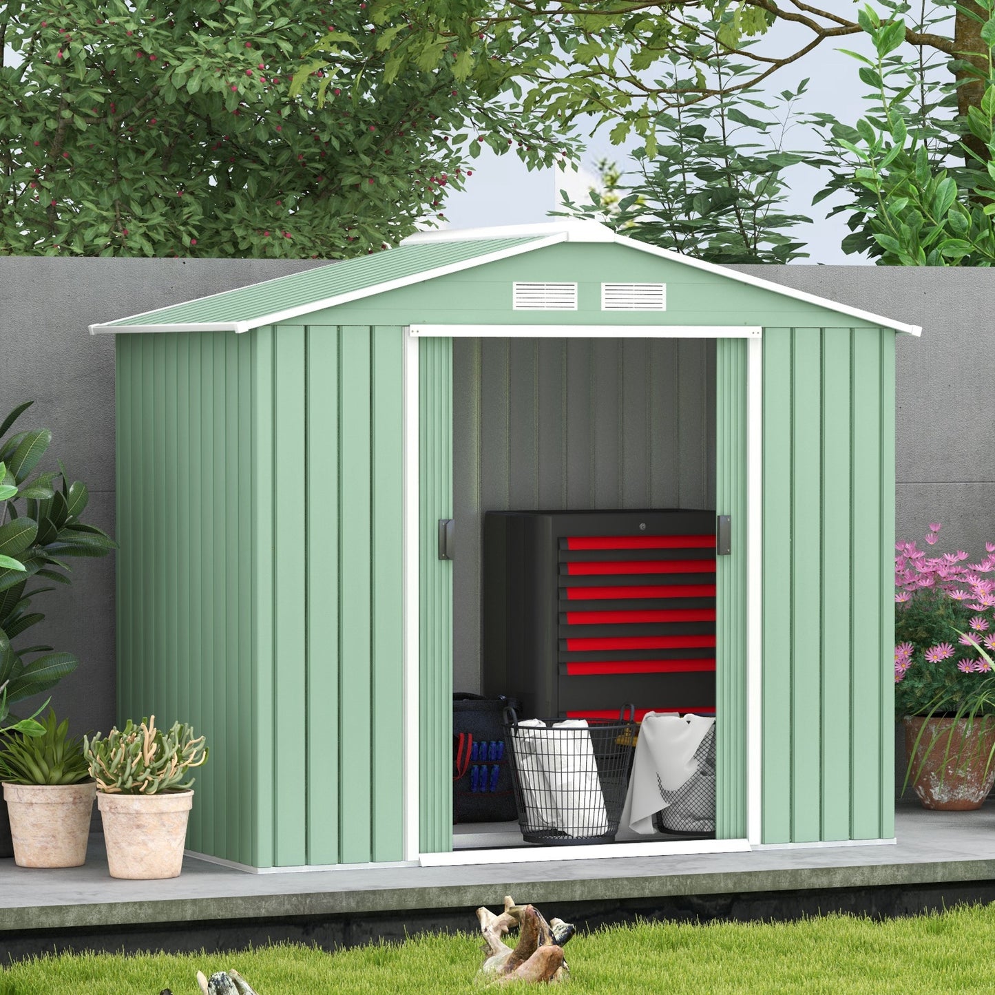 Outsunny 7ft x 4ft Lockable Garden Metal Storage Shed Large Patio Roofed Tool Storage Building Foundation Sheds Box, Light Green