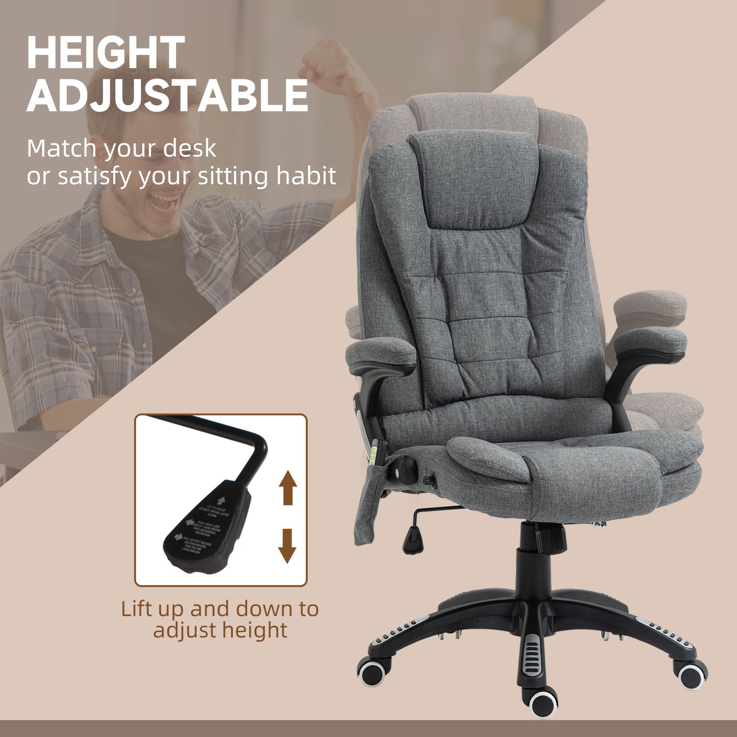 Vinsetto Massage Recliner Chair: Heated Office Seating with Six Massage Points, Linen-Feel Fabric, 360° Swivel Wheels, Grey