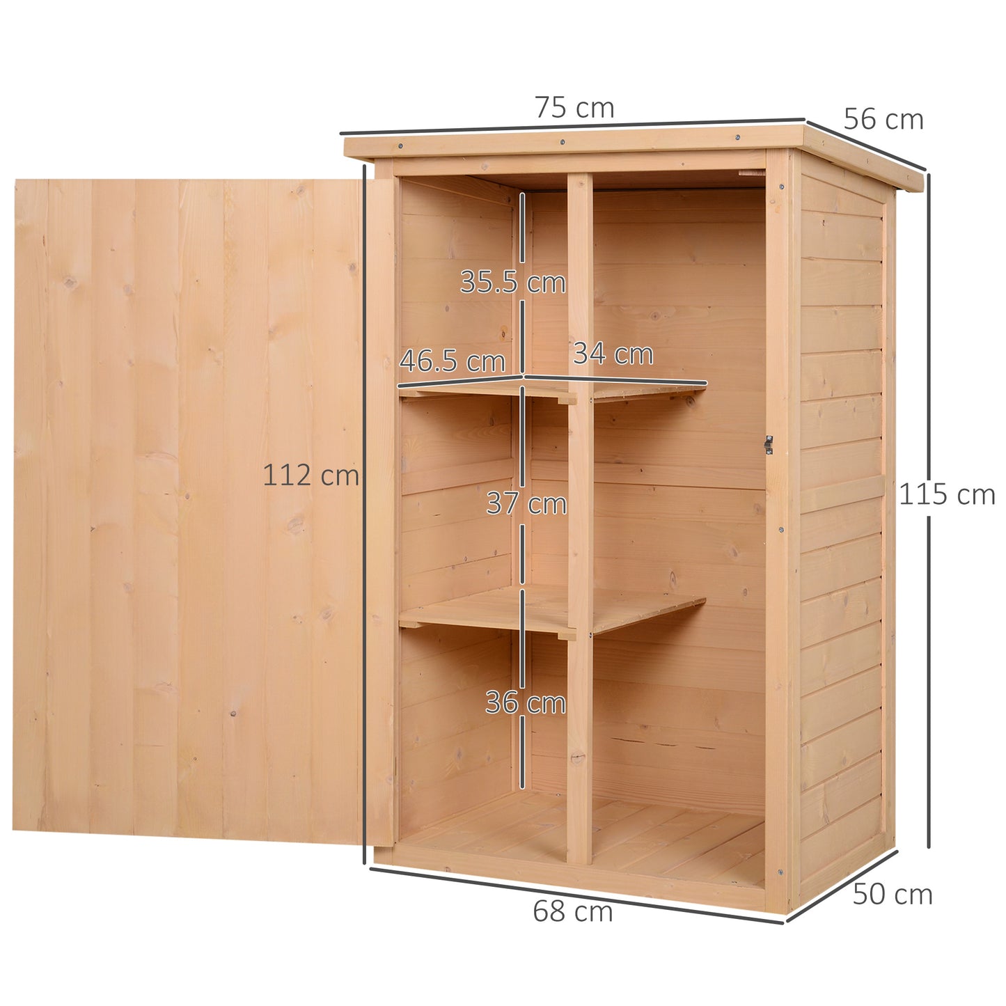 Outsunny Wooden Garden Storage Shed Fir Wood Tool Cabinet Organiser with Shelves 75L x 56W x115Hcm