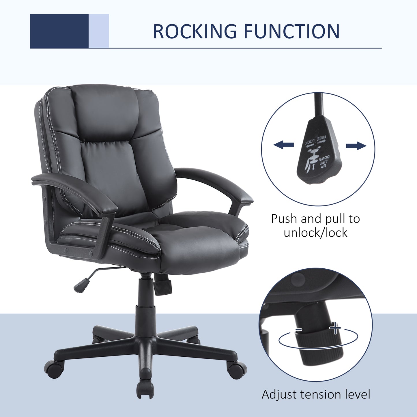 HOMCOM Executive Swivel Office Chair, Mid-Back Faux Leather Desk Chair with Double-Tier Padding, Arms, and Wheels, Black