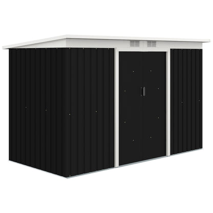 Outsunny 9 x 4 ft Metal Garden Storage Shed Patio Corrugated Steel Roofed Tool Box with Base, Kit Ventilation and Doors, Dark Grey