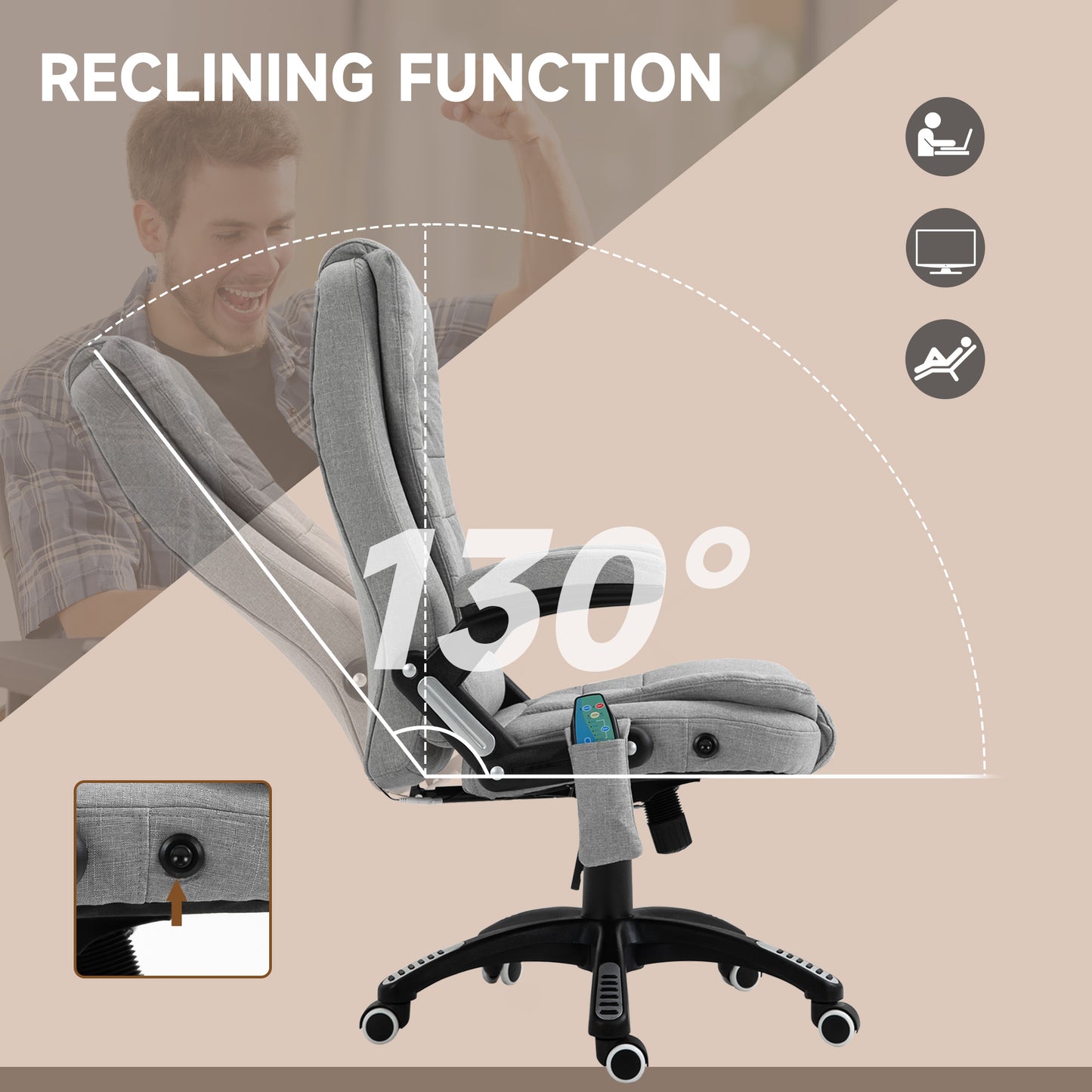 Vinsetto Heated Office Chair with Massage Function, Ergonomic High-Back Design with Swivel Base for Home Office, Light Grey