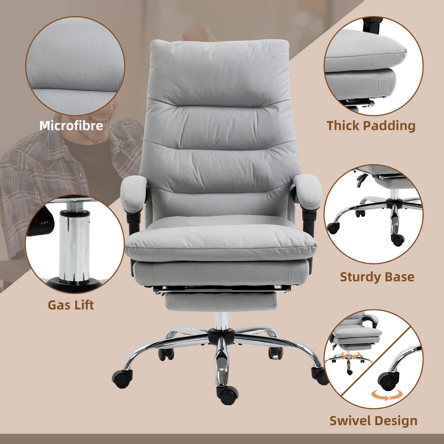 Vinsetto Vibration Massage Office Chair w/ Heat, Microfibre Computer Chair w/ Footrest, Armrest, Reclining Back, Double-tier Padding, Grey