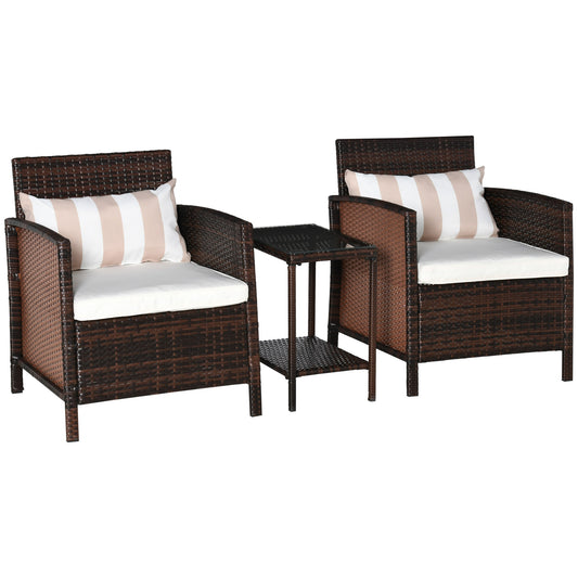 Outsunny Rattan Garden Furniture 3 Pieces Patio Bistro Set Wicker Weave Conservatory Sofa Chair & Table Set with Cushion Pillow - Brown