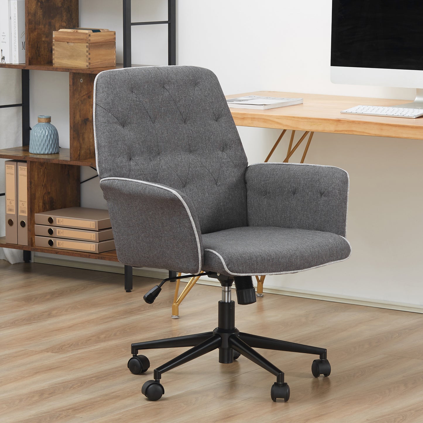 HOMCOM Linen Fabric Office Chair, Mid-Back Swivel Computer Chair, Adjustable, Armrests, Grey