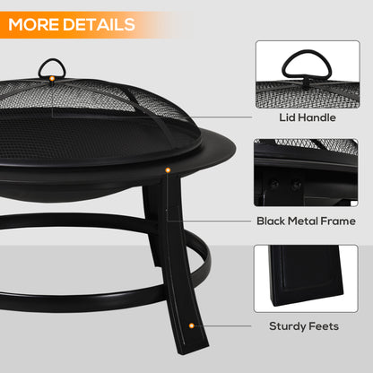 Outsunny Metal Large Firepit Bowl Outdoor Round Fire Pit w/ Lid, Log Grate, Poker for Backyard, Camping, BBQ, Bonfire, 76 x 76 x 53cm, Black