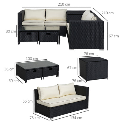 Outsunny 4-Seater Rattan Garden Furniture Patio Sofa Storage & Table Set w/ Coffee Table & Corner Sofa - Black