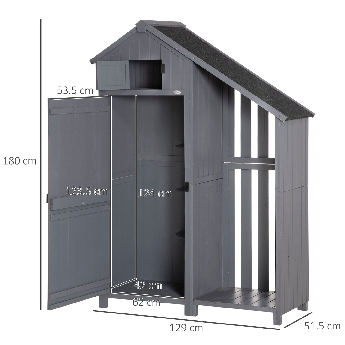 Outsunny Garden Outdoor Storage Shed Outdoor Tool Shed with 3 Shelves and Tilt Roof, 129x51.5x180cm, Grey