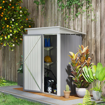 Outsunny Metal Garden Shed, Outdoor Lean-to Shed for Tool Motor Bike, with Adjustable Shelf, Lock, Gloves, 5'x3'x6', Grey