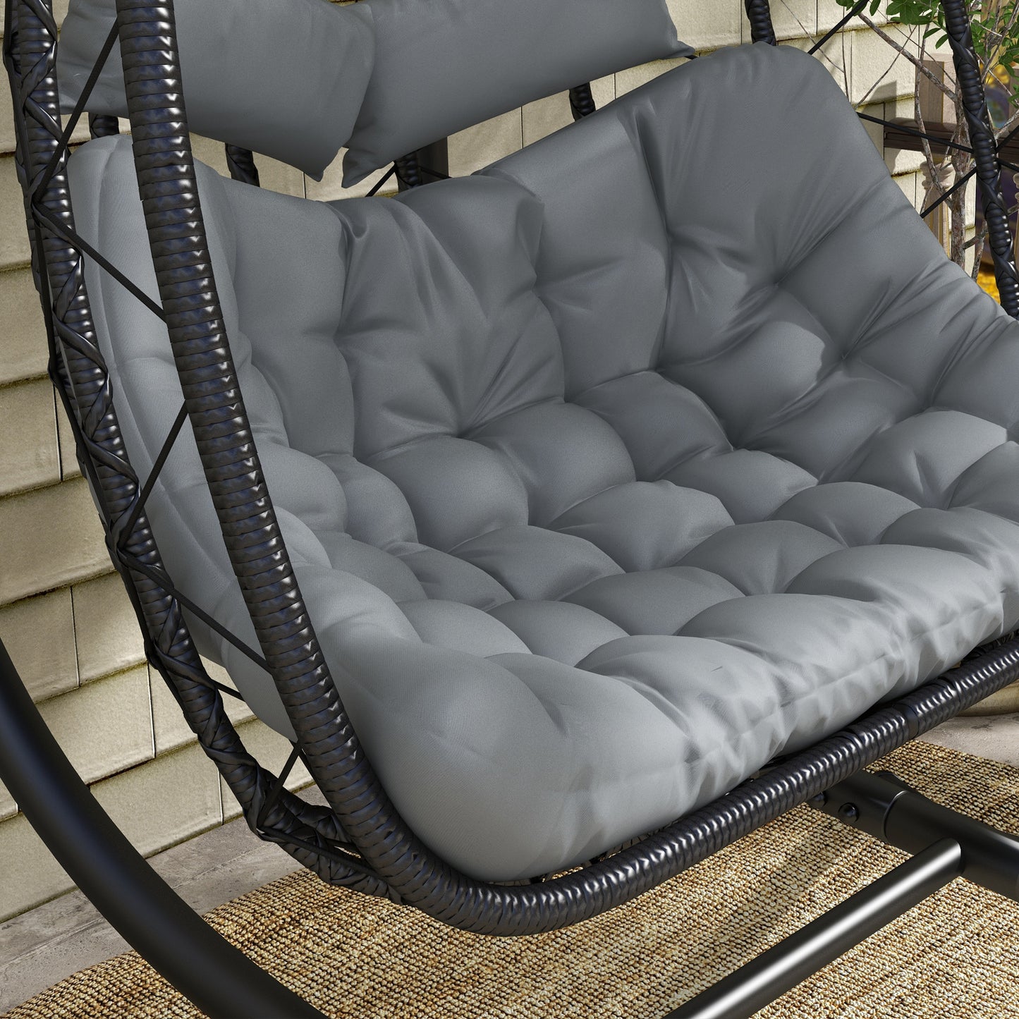 Outsunny Outdoor PE Rattan Double-seater Swing Chair w/ Thick Padded Cushion, Patio Hanging Chair for 2 w/ Metal Stand, Headrest, Black