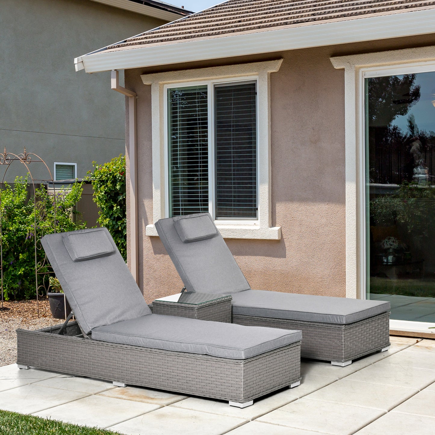 Outsunny 3 Piece Rattan Sun Lounger Set, Garden Furniture with Side Table, 5-Position Adjustable Recline Chair, Grey