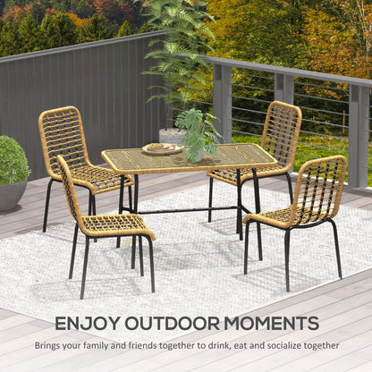 Outsunny 5 Pcs Rattan Outdoor Dining Set Patio Conservatory w/ Tempered Glass Tabletop Hollowed-out Design - Natural Wood Finish