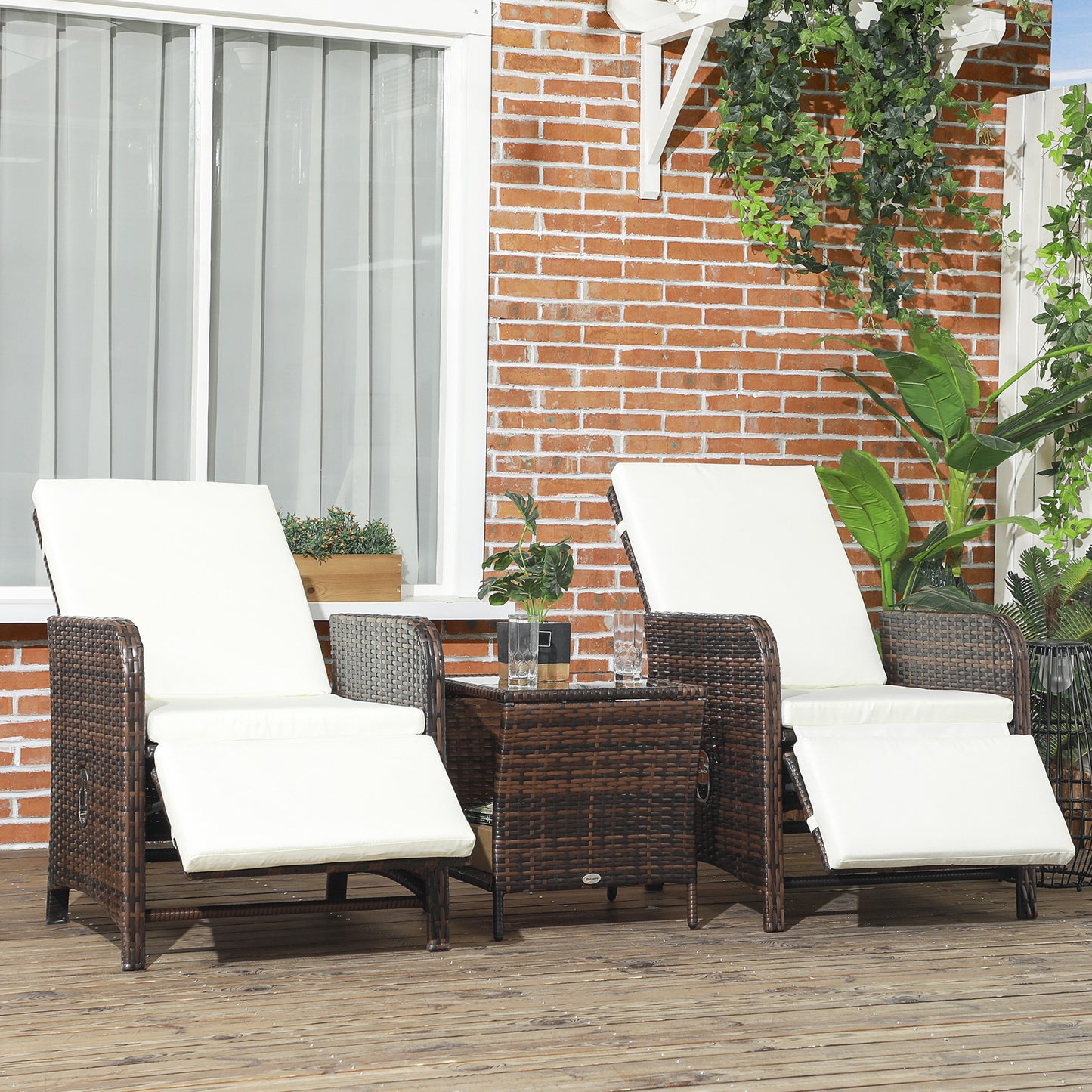 Outsunny 3 Pieces Rattan Bistro Set Balcony Furniture with Cushions, Storage Function - Mixed-Brown