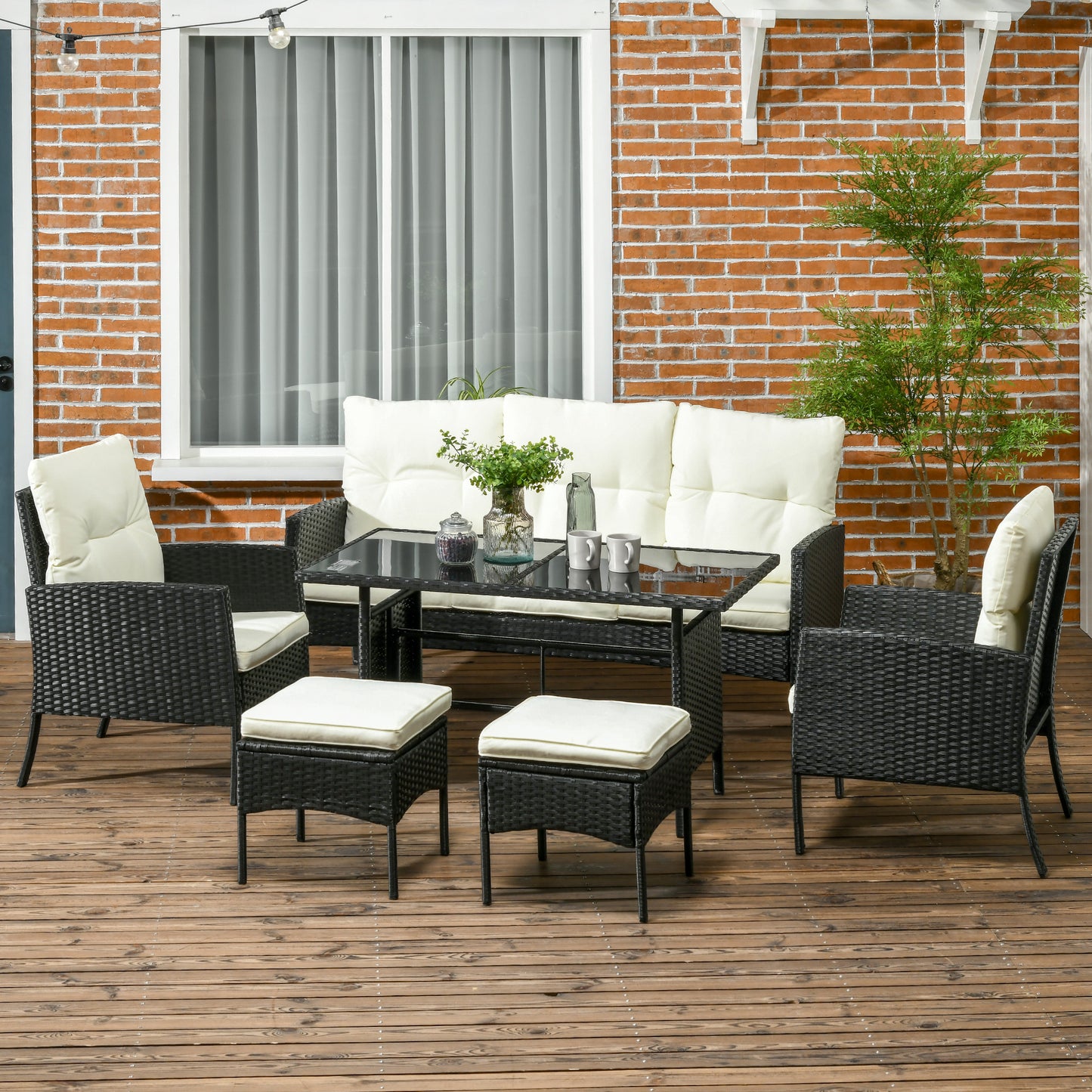 Outsunny 5 Seater Rattan Garden Furniture Set Wicker Sofa Armchairs Footstools and Glass Table Patio Rattan Sofa Sets with Cushions, Black