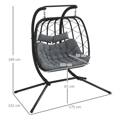 Outsunny Outdoor PE Rattan Double-seater Swing Chair w/ Thick Padded Cushion, Patio Hanging Chair for 2 w/ Metal Stand, Headrest, Black