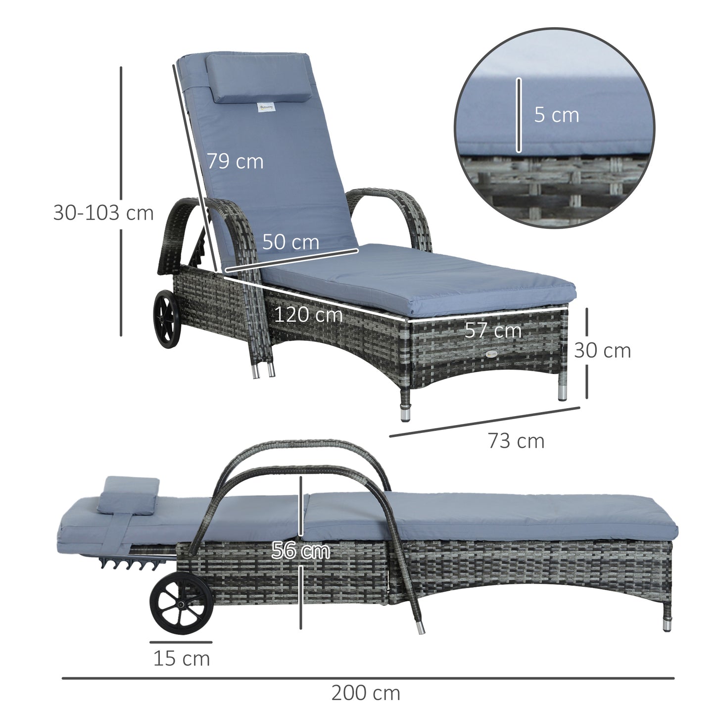 Outsunny Garden Rattan Furniture Single Sun Lounger Recliner Bed Reclining Chair Patio Outdoor Wicker Weave Adjustable Headrest - Grey