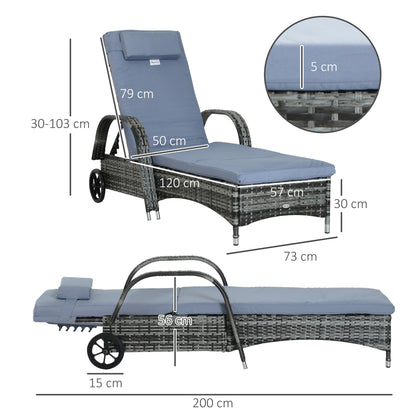 Outsunny Garden Rattan Furniture Single Sun Lounger Recliner Bed Reclining Chair Patio Outdoor Wicker Weave Adjustable Headrest - Grey