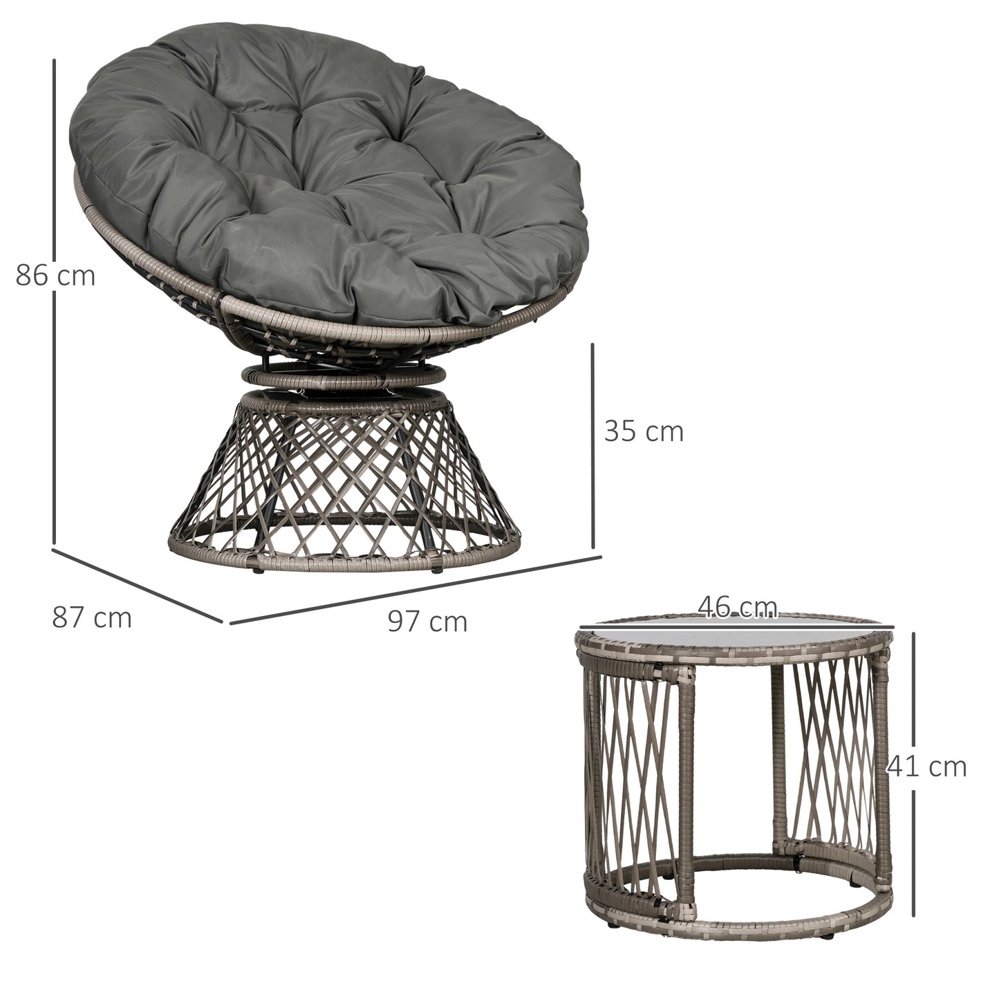 Outsunny Three-Piece Rattan Garden Moon Chair Set - Grey