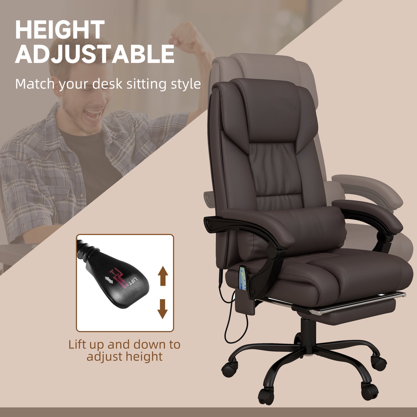 Vinsetto PU Leather Massage Office Chair, 6-Point with Swivel Wheels, Reclining with Footrest and Remote, Brown