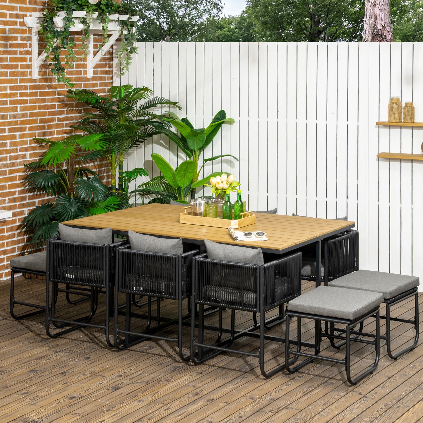 Outsunny Patio 11 PCs PE Rattan Dining Set, Garden Round Wicker 10-seater Table & Chair Sets, with Wood Grain Plastic Top, Space-saving Design Black