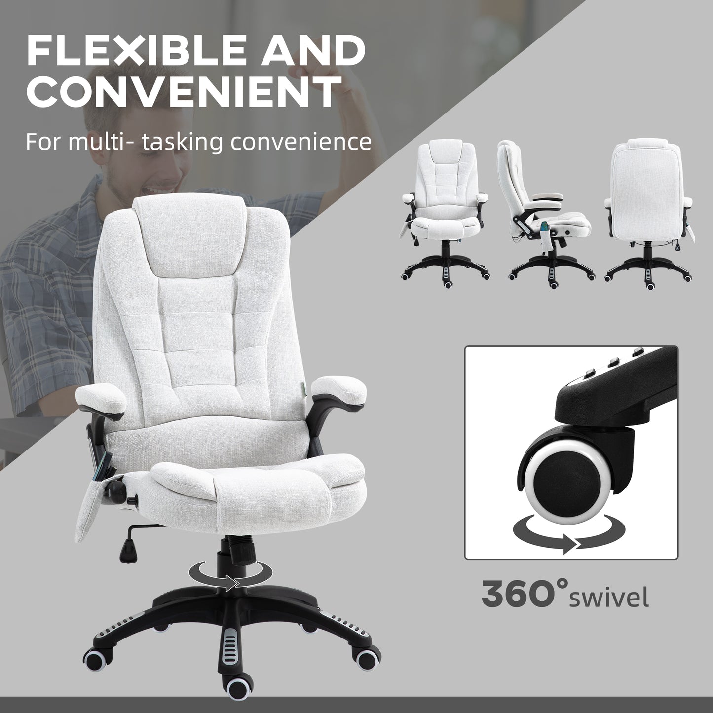 Vinsetto Massage Recliner Chair Heated Office Chair with Six Massage Points Linen-Feel Fabric 360° Swivel Wheels Cream White