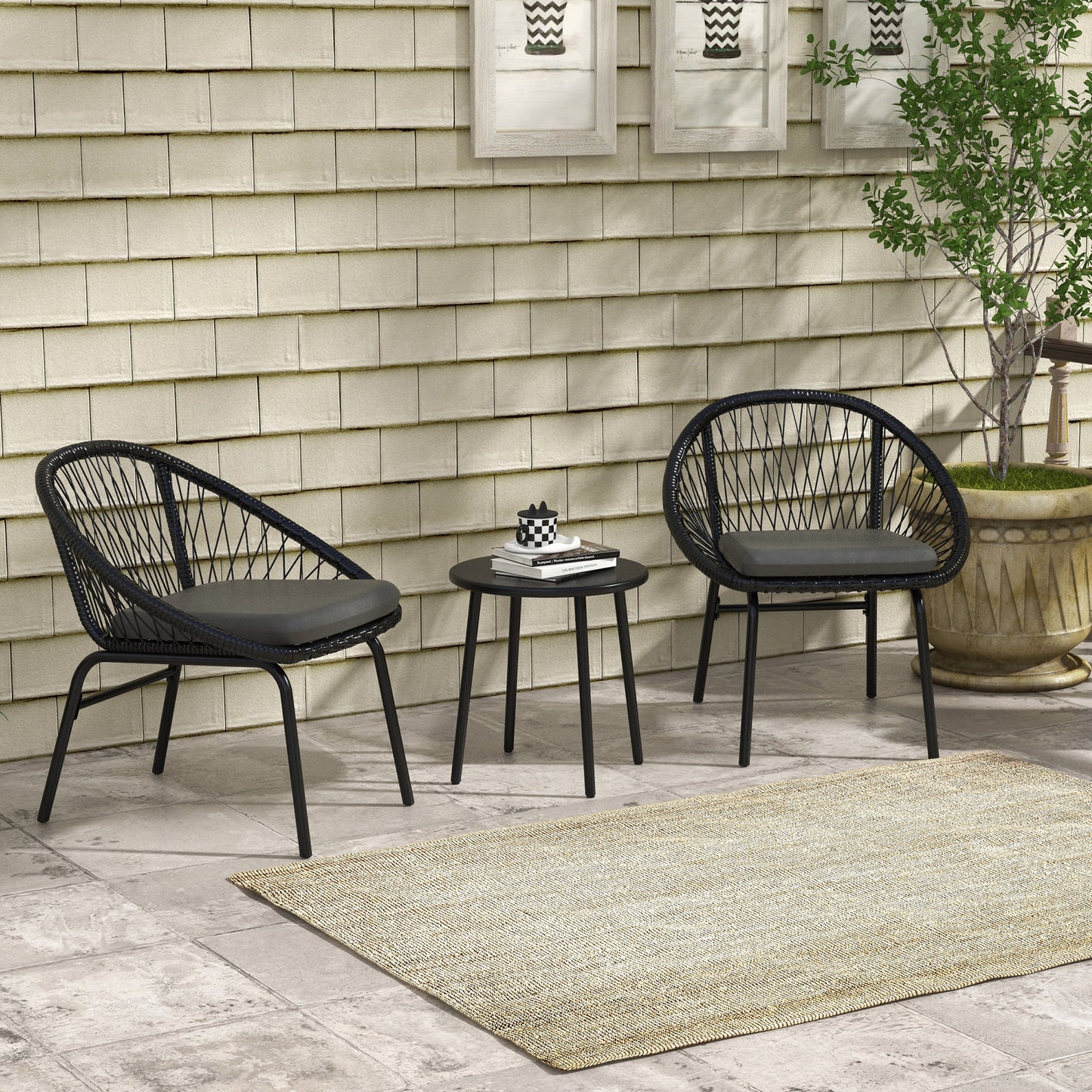 Outsunny 3 Piece Garden Furniture Set with Cushions, Round PE Rattan Bistro Set w/ 2 Armchairs & Metal Plate Coffee Table