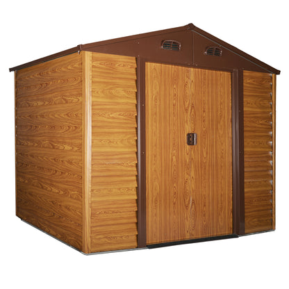 Outsunny 9 x 6.5 ft Metal Garden Storage Shed Apex Store for Gardening Tool with Foundation and Ventilation, Brown with Wood Grain