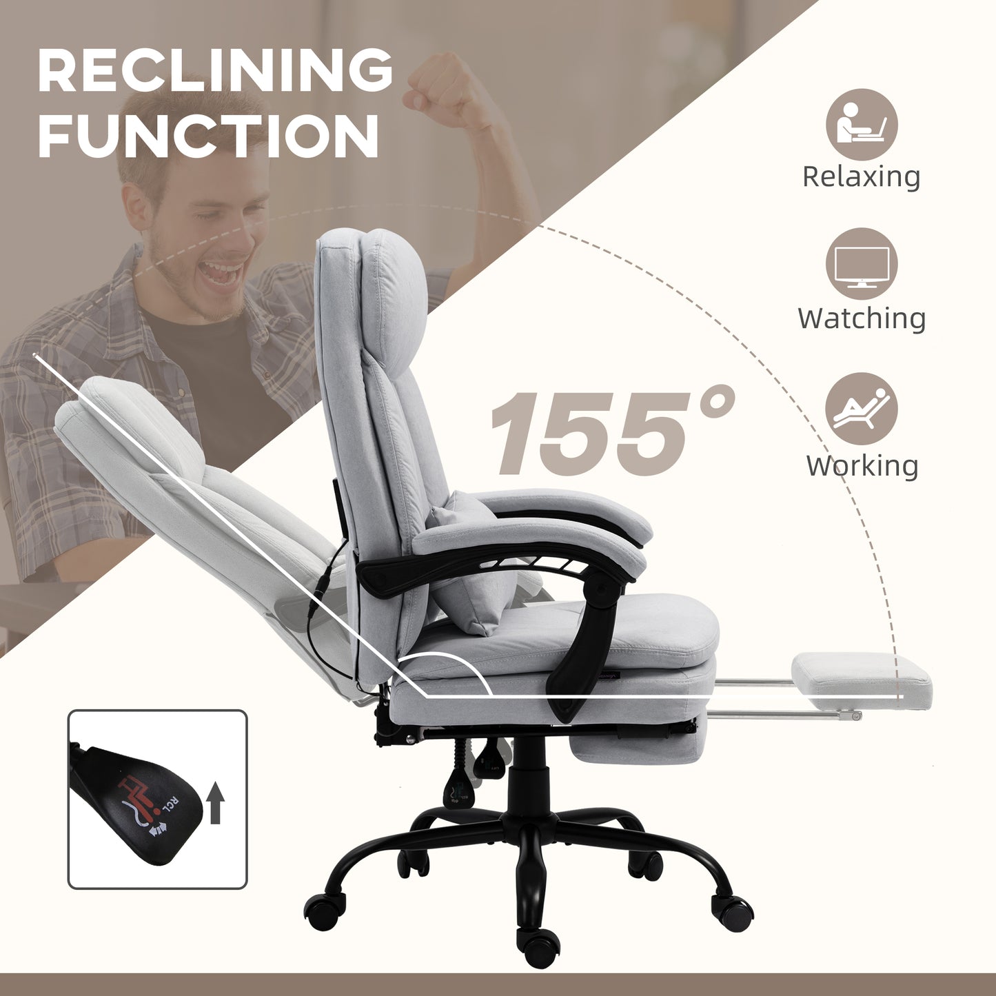 Vinsetto Massage and Heat Office Chair, Microfibre Reclining Computer Chair with Footrest, Lumbar Support, Armrest, Grey