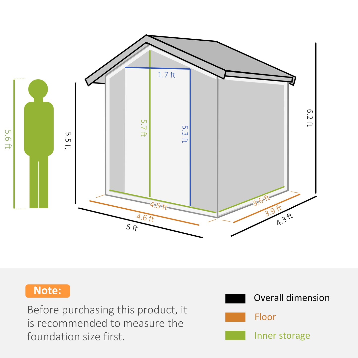 Outsunny 5ft x 4ft Garden Metal Storage Shed, Tool Storage Shed with Sliding Door, Sloped Roof and Floor Foundation for Garden, Backyard, Patio, Grey