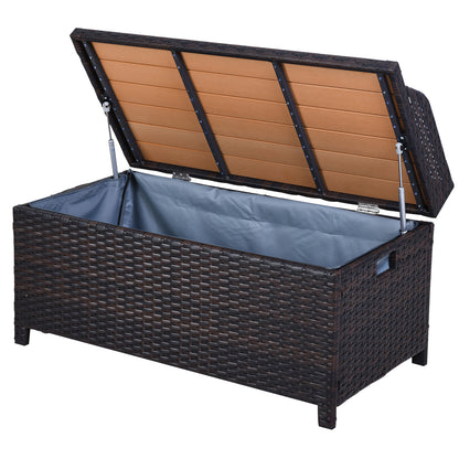 Outsunny Rattan Wicker Outdoor Storage Bench with Cushion, Brown, Patio PE Rattan, Elegant Seating and Storage Solution