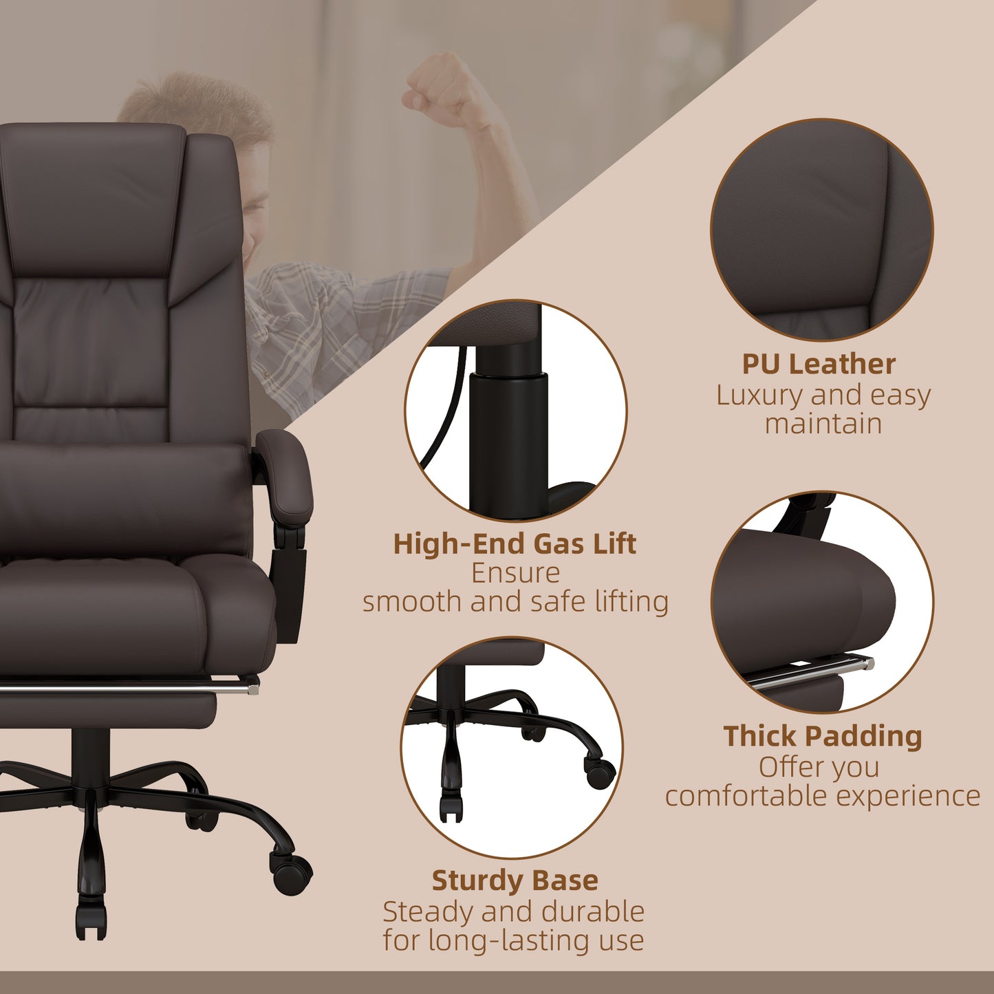 Vinsetto PU Leather Massage Office Chair, 6-Point with Swivel Wheels, Reclining with Footrest and Remote, Brown