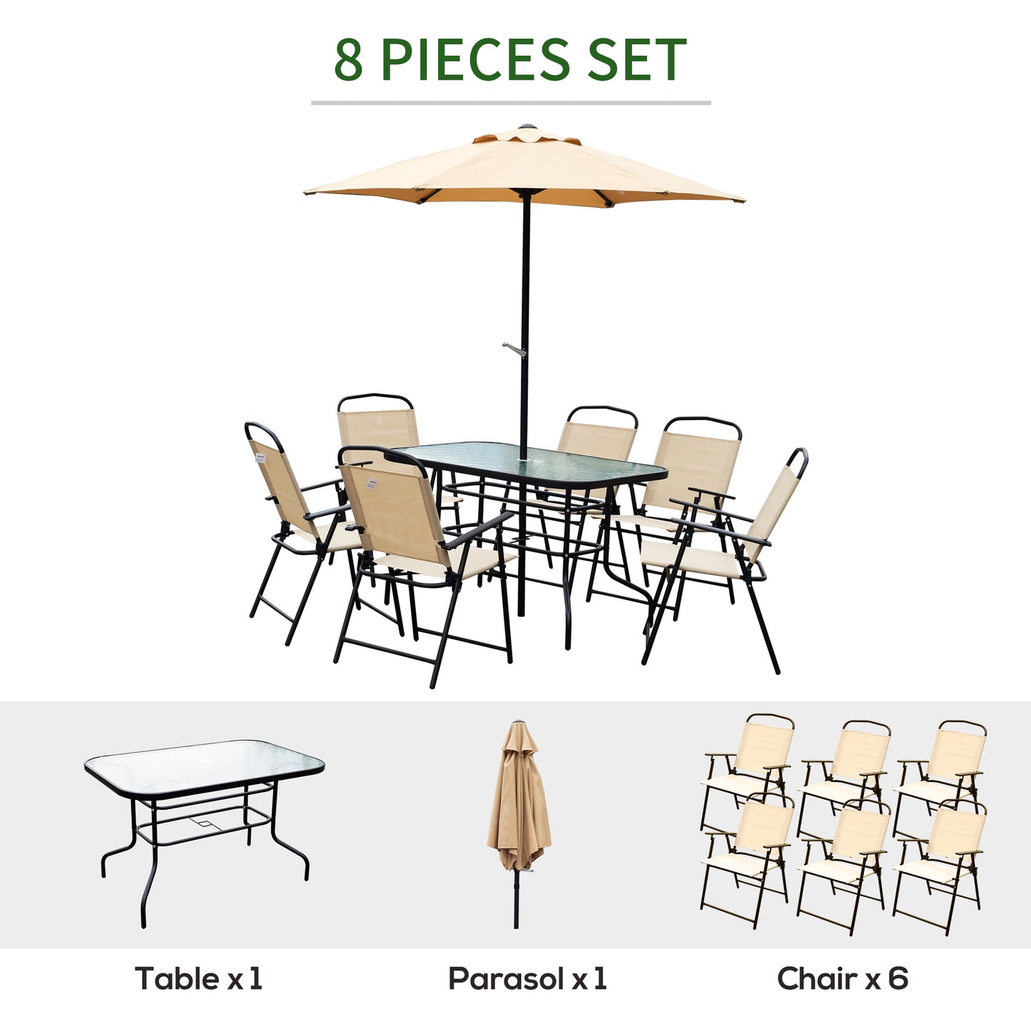 Outsunny 8 Pcs Dining Set W/Umbrella, Textilene-Beige