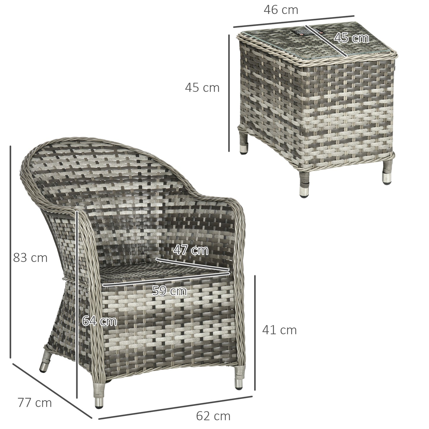 Outsunny Modern 3 PCS Rattan Bistro Set, Patio Aluminium Balcony Furniture with Soft Cushions & Glass Top Table for Garden, Backyard, Grey