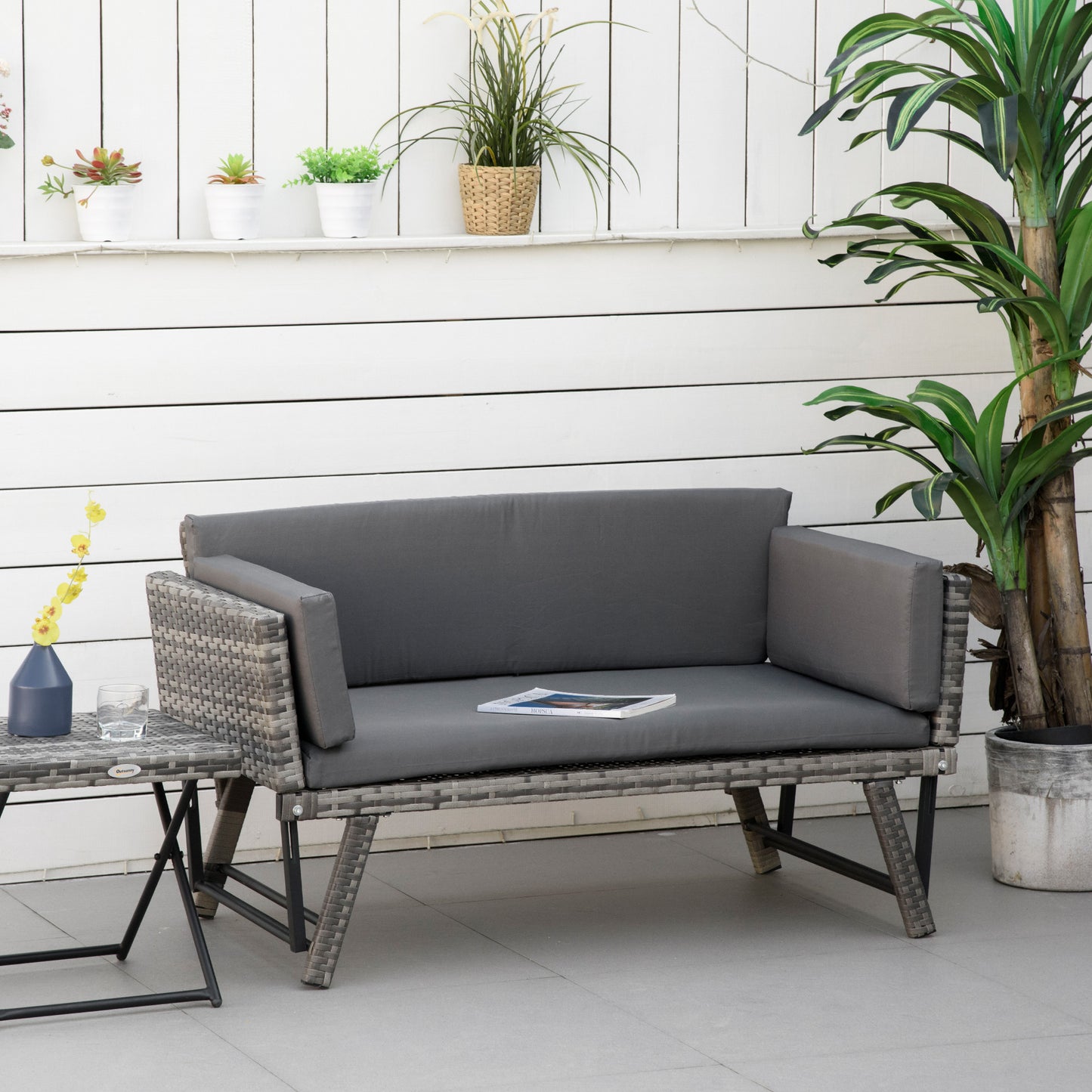 Outsunny 2 Seater Rattan Folding Daybed Sofa Bench Garden Chaise Lounger Loveseat with Cushion Outdoor Patio Grey