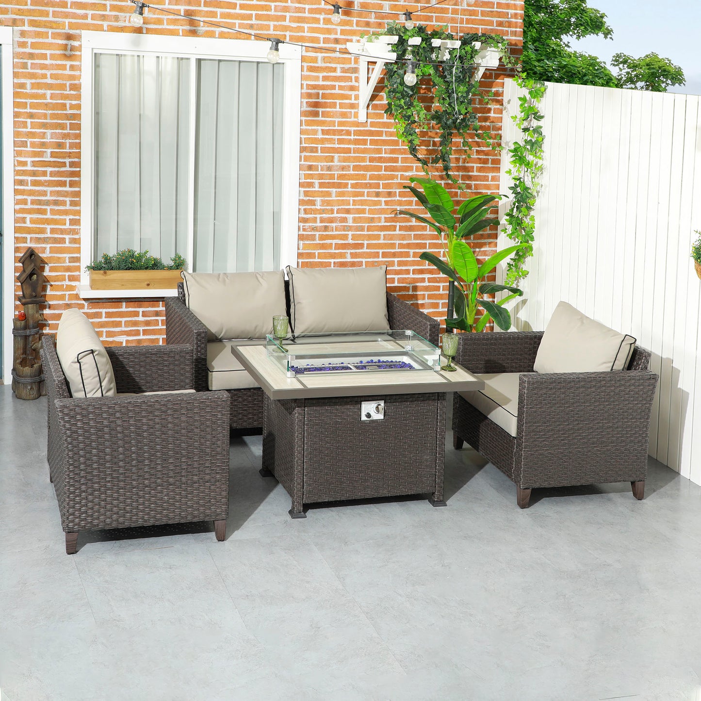 Outsunny 5-Piece Rattan Patio Furniture Set with Gas Fire Pit Table, Loveseat Sofa, Armchairs, Cushions, Pillows, Deep Brown