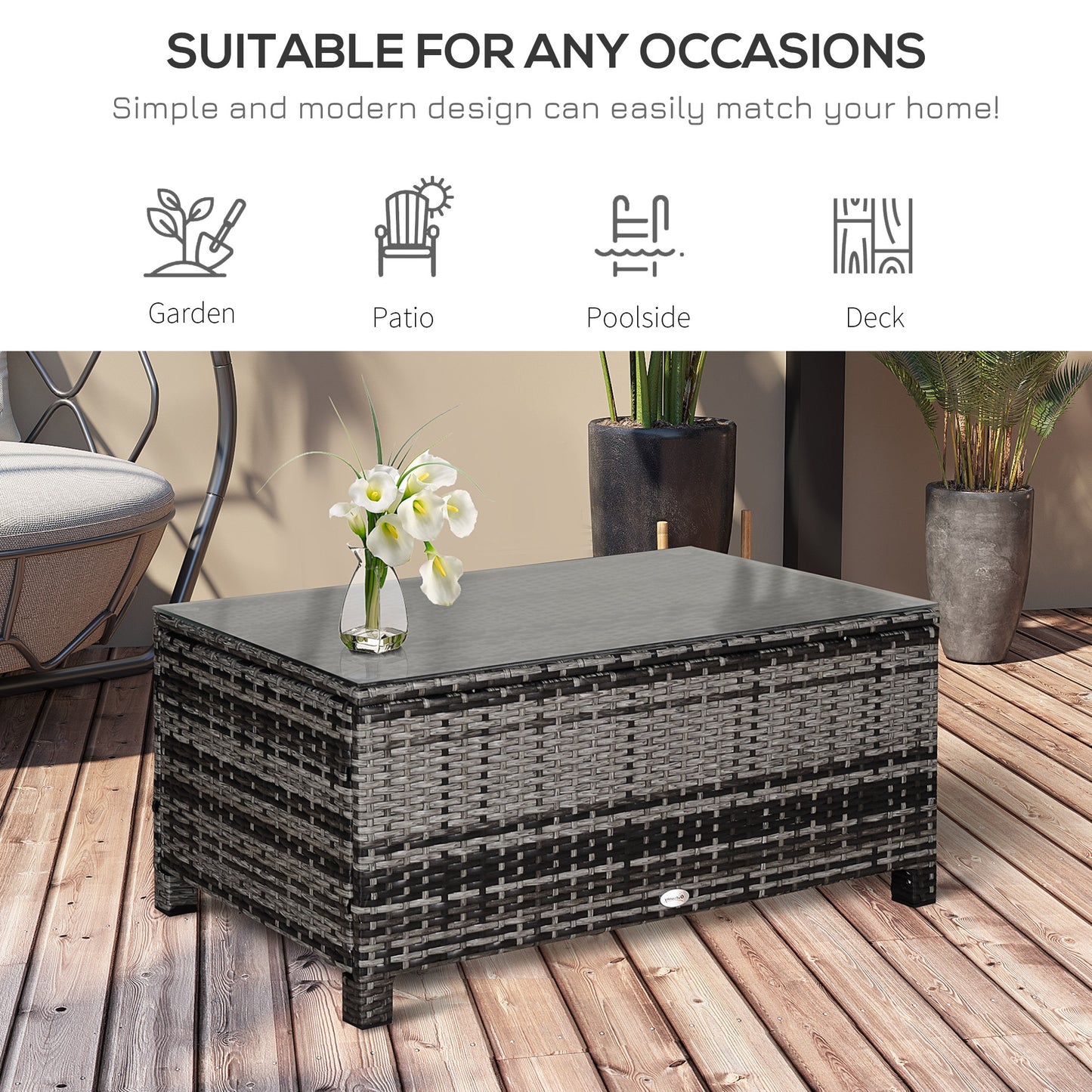 Outsunny Rattan Side Table: Tempered Glass Top, Weather-Resistant Wicker Design for Patio & Garden, Mixed Grey