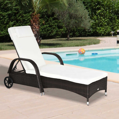 Outsunn Adjustable Rattan Sun Lounger Garden Recliner Bed Reclining Chair w/ Removable Headrest & Thickened Cushion, Brown