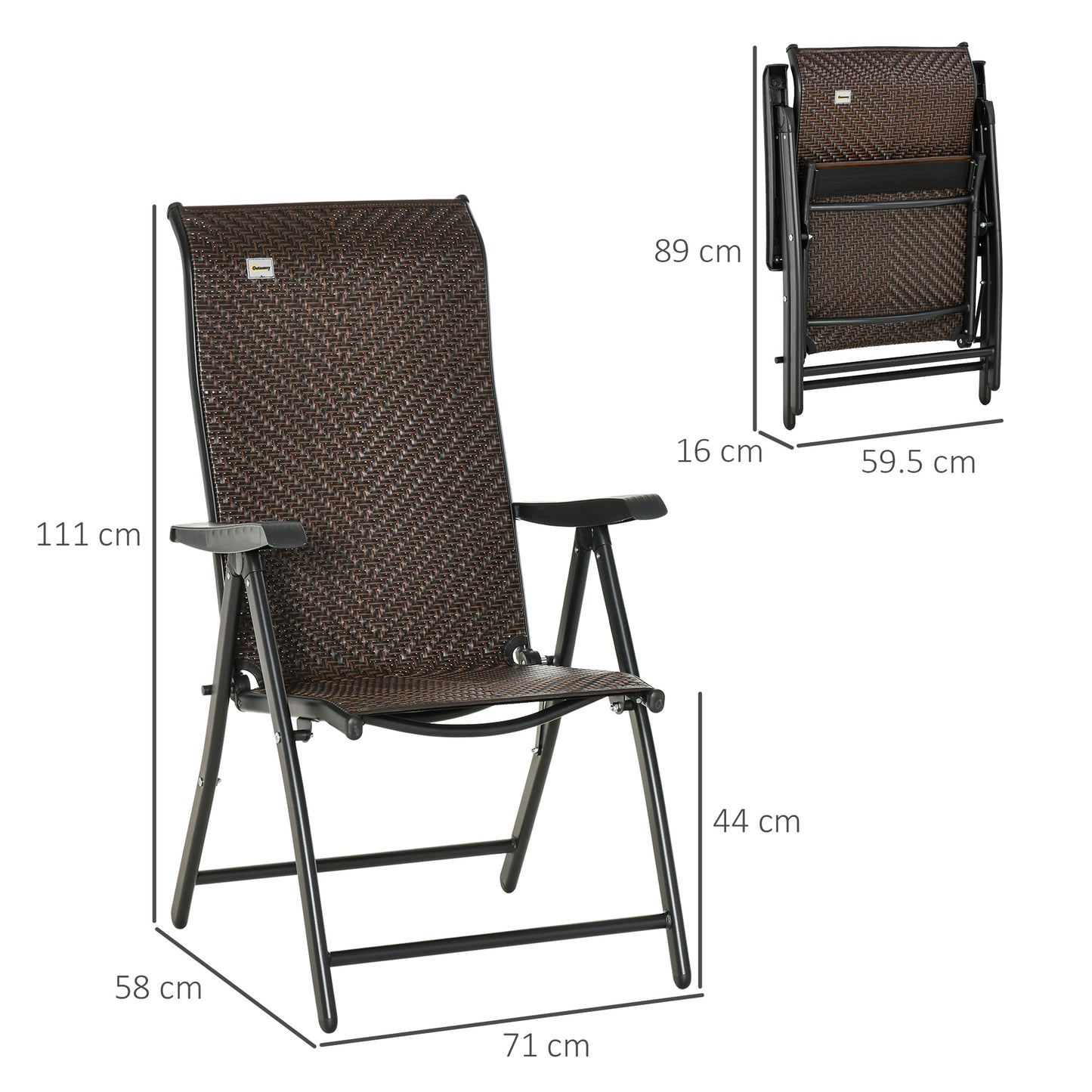 Outsunny Set of 2 Outdoor Wicker Folding Chairs, Patio PE Rattan Dining Armrests Chair set with Adjustable Backrest, for Outdoors, Camping, Red Brown