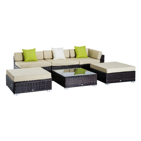 Outsunny 5-Seater Rattan Sofa Coffee Table Set Sectional Wicker Weave Furniture for Garden Outdoor Conservatory w/ Pillow Cushion  Brown