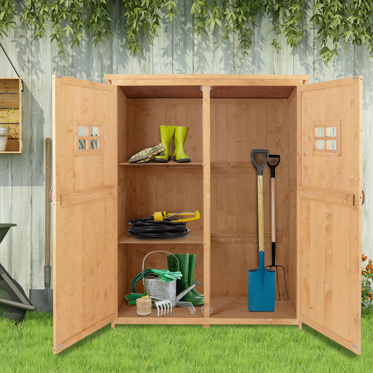 Outsunny Wooden Garden Storage Shed Tool Cabinet Organiser with Shelves, Two Windows, 127.5 x 50 x 164 cm, Natural