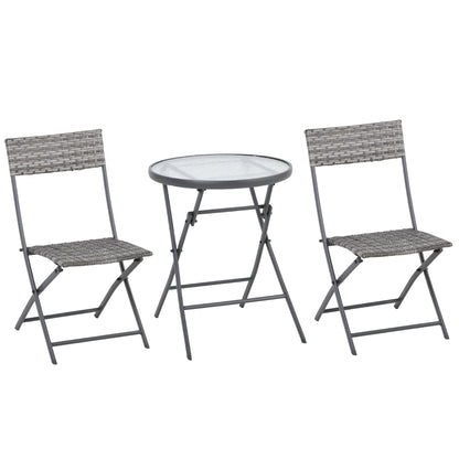 Outsunny 2 Seater Rattan Bistro Set Outdoor Foldable Wicker Conversation Balcony Furniture Set for Outdoor Yard Porch Poolside Lawn Balcony Grey