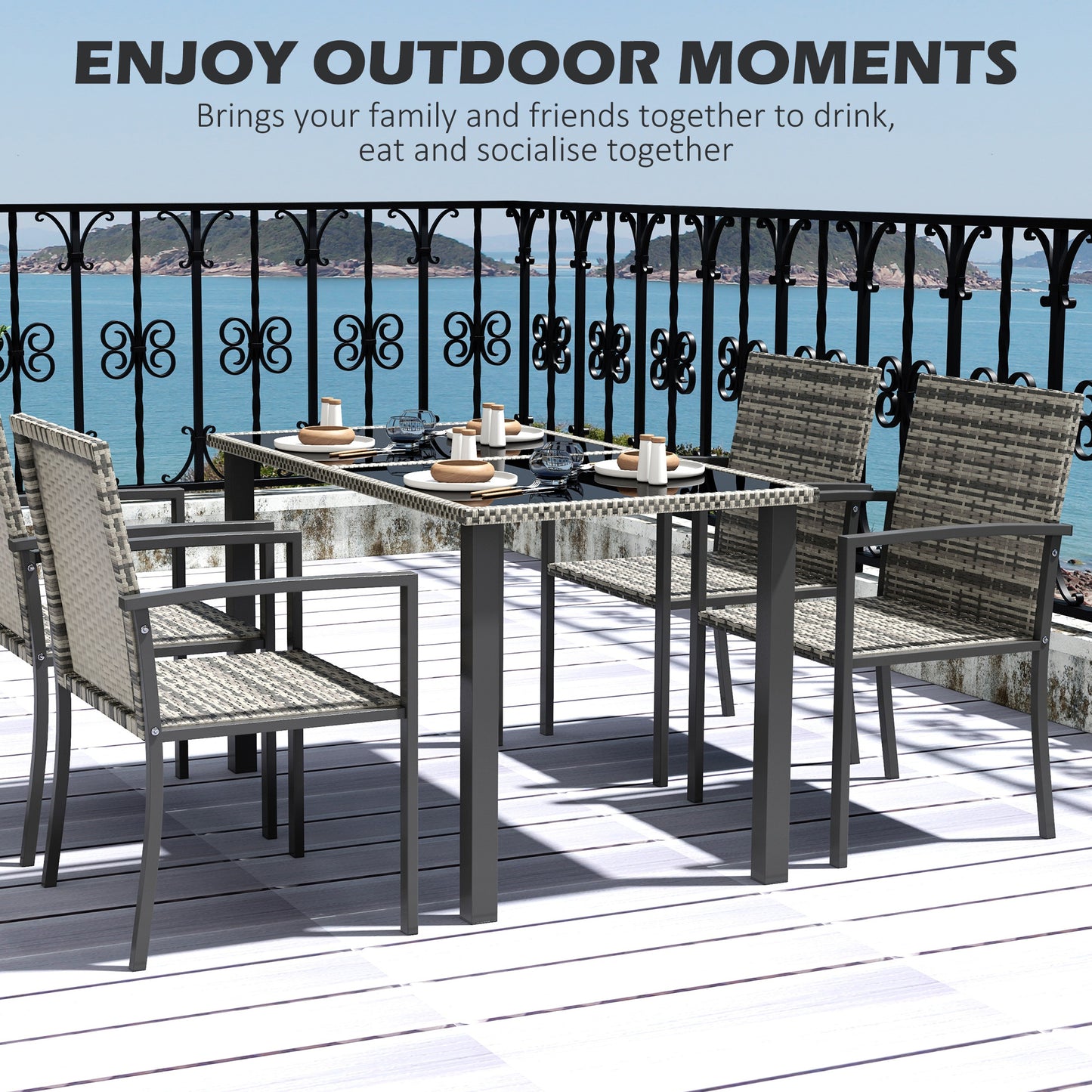 Outsunny Outdoor Dining Set 5 Pieces Patio Conservatory with Tempered Glass Tabletop,4 Dining Chairs - Mixed Grey