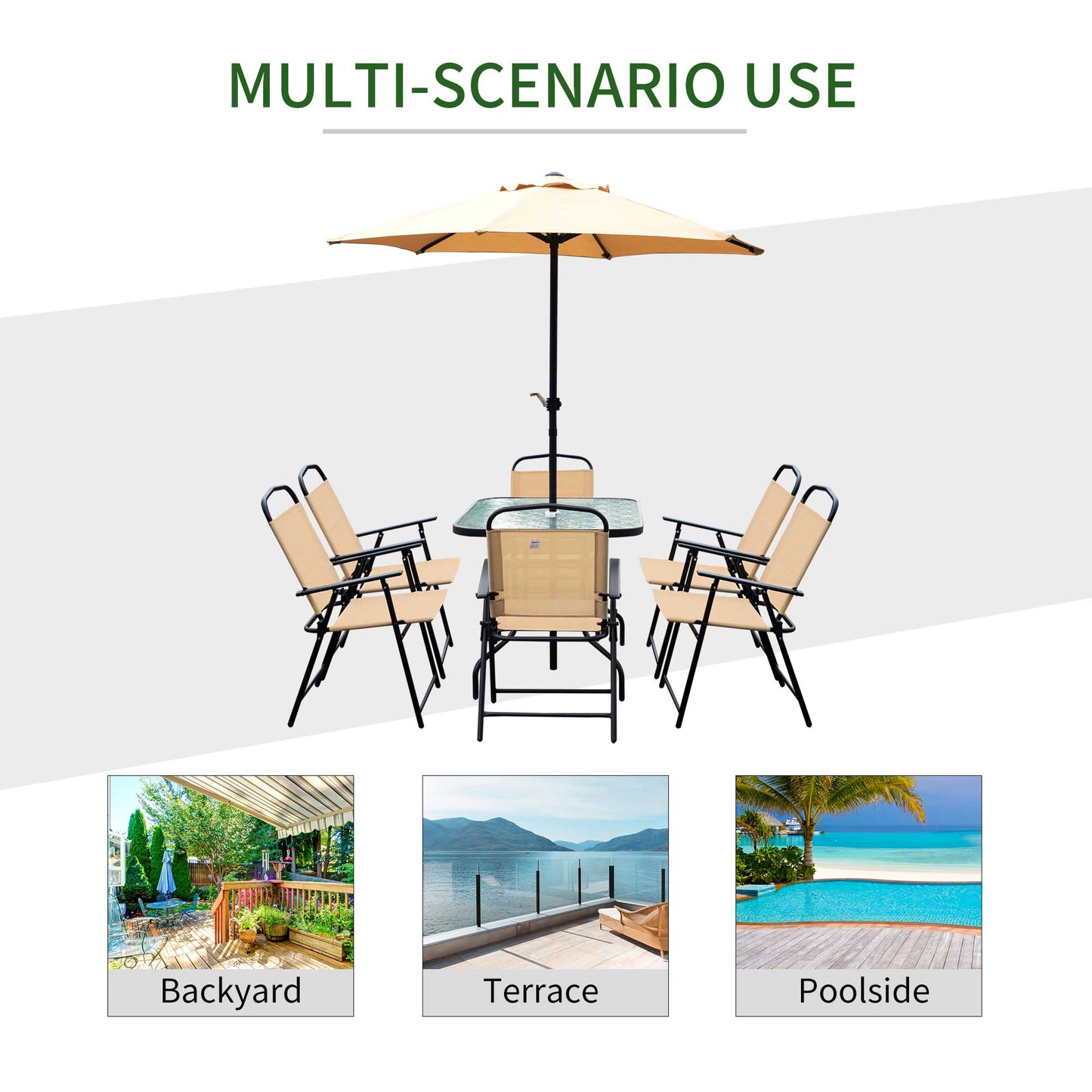 Outsunny 8 Pcs Dining Set W/Umbrella, Textilene-Beige