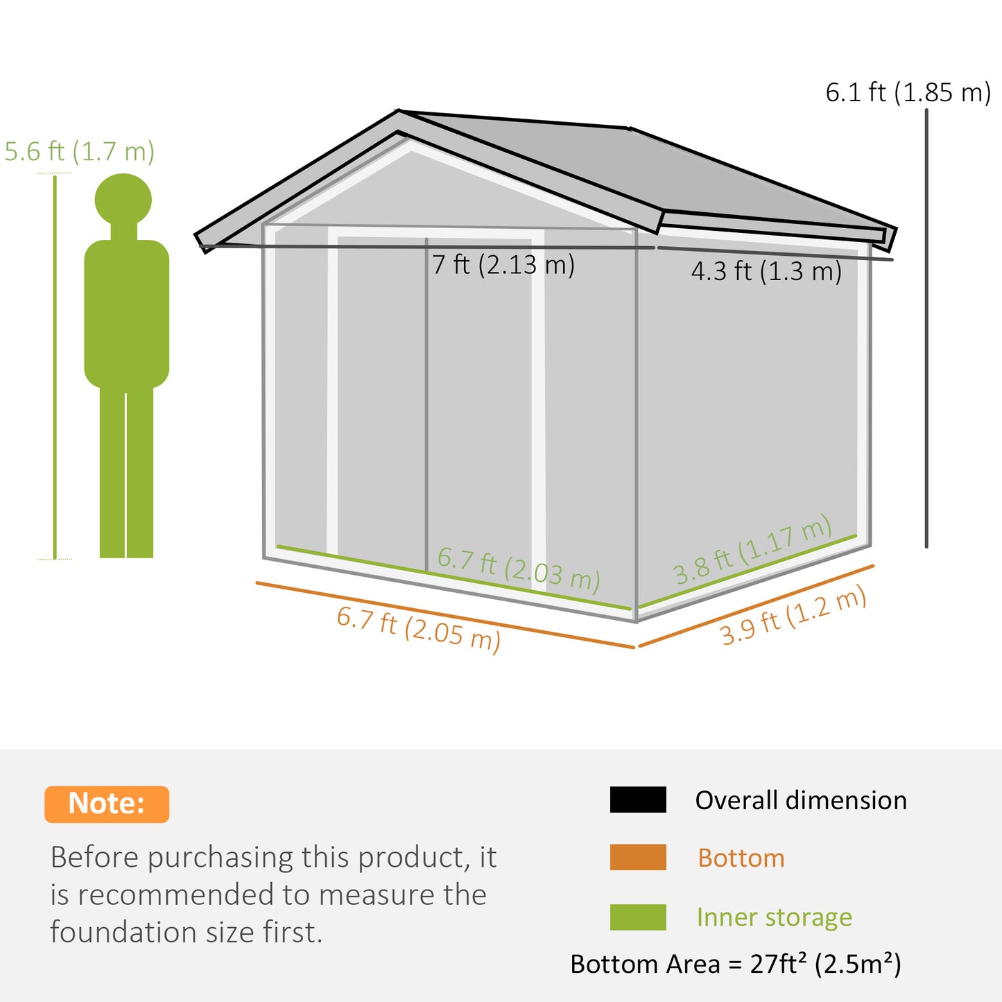 Outsunny 7ft x 4ft Lockable Garden Metal Storage Shed Large Patio Roofed Tool Storage Building Foundation Sheds Box, Light Green