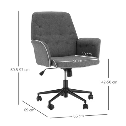 HOMCOM Linen Fabric Office Chair, Mid-Back Swivel Computer Chair, Adjustable, Armrests, Grey