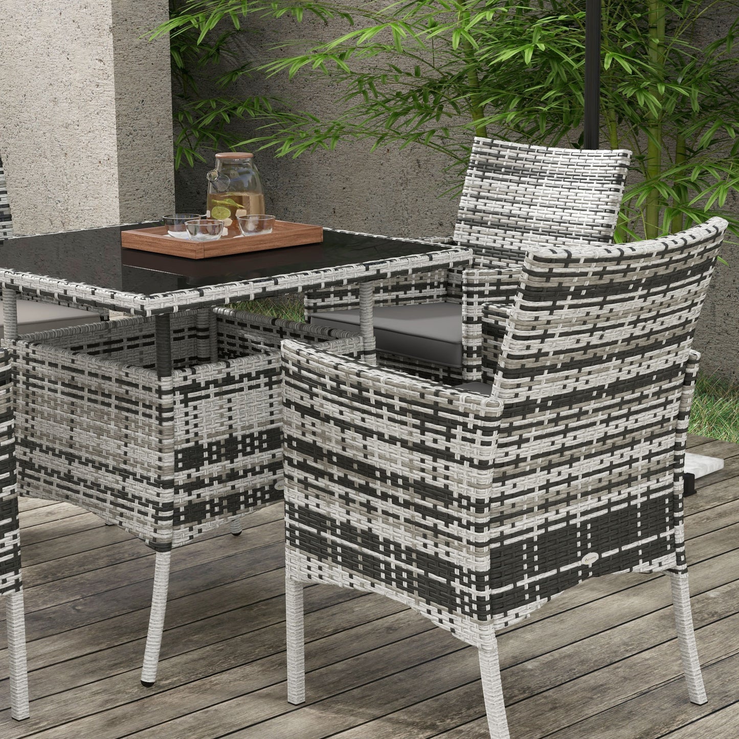 Outsunny Outdoor Dining Set 5 Pieces Patio Conservatory with Tempered Glass Tabletop, 4 Dining Armchairs - Grey