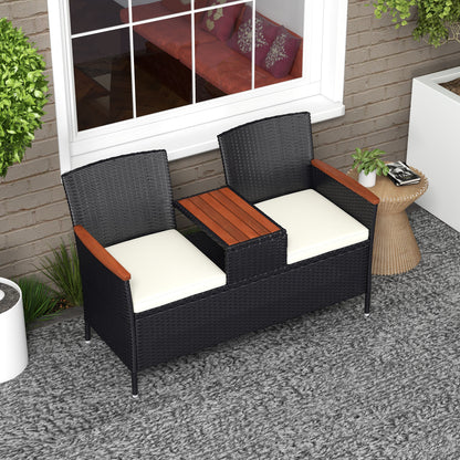 Outsunny Two-Seat Rattan Loveseat, with Wood-Top Middle Table - Black